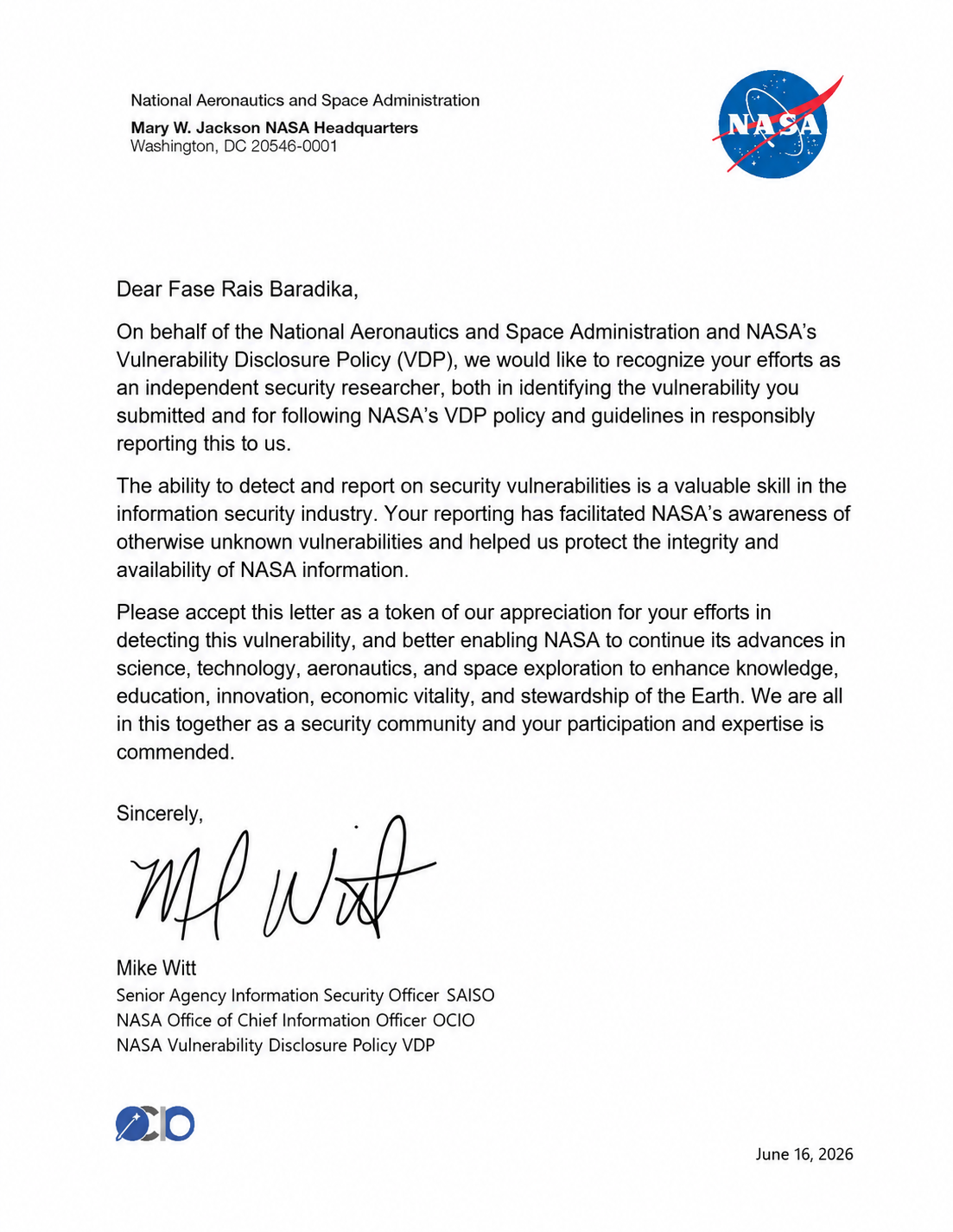 Certificate of Appreciation - NASA Vulnerability Disclosure Policy