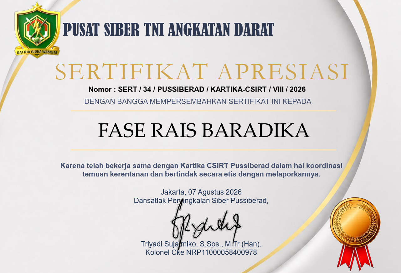 Certificate of Appreciation - Pusat Siber TNI Angkatan Darat